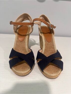 GENERATION Y Navy and Tan Espadrille Wedge Sandals